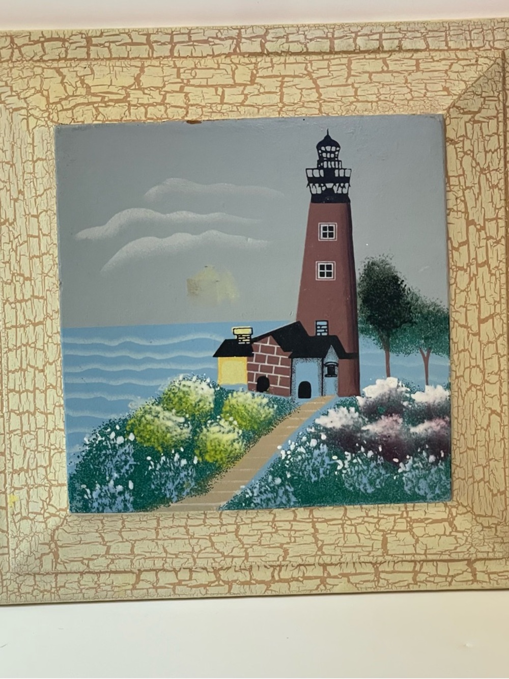 Folk Art Lighthouse Wall Plaque Painting 7”x7” Americana Art